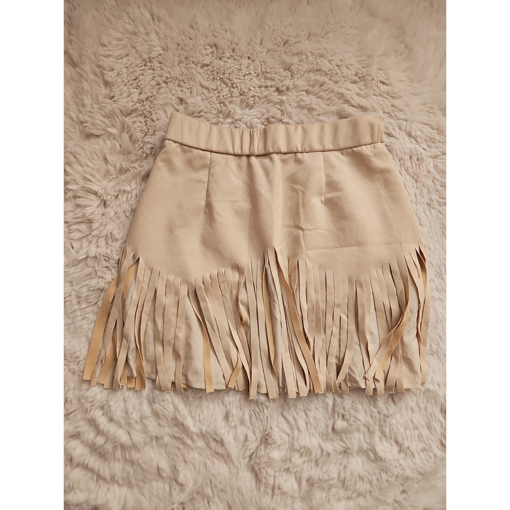 SHEIN MOD Faux Suede Fringe Mini Skirt Size S NWT Studded Western Boho Cream - Picture 11 of 12